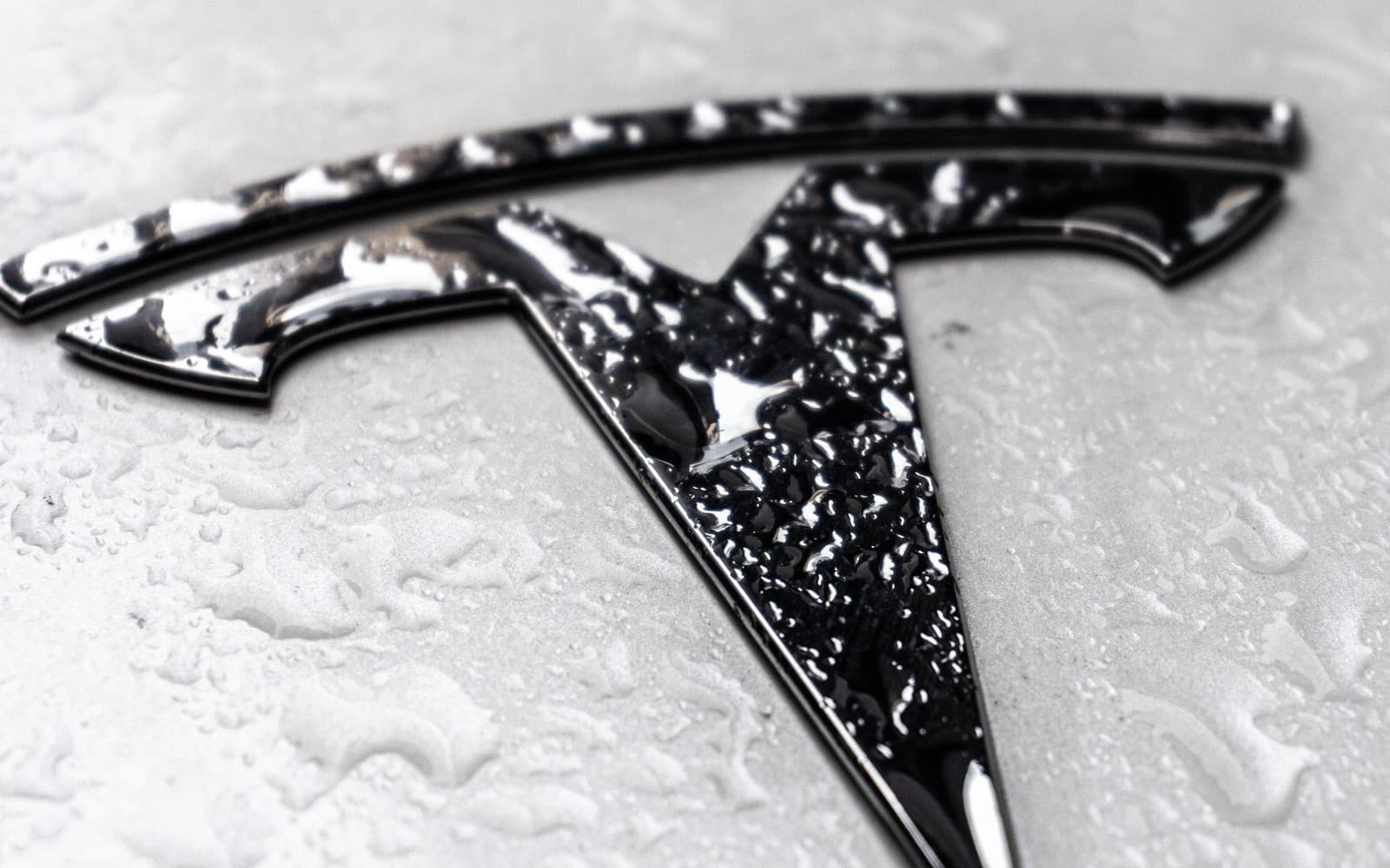 Macro of a blacked-out Tesla badge with water beads on white paint — black badge detail