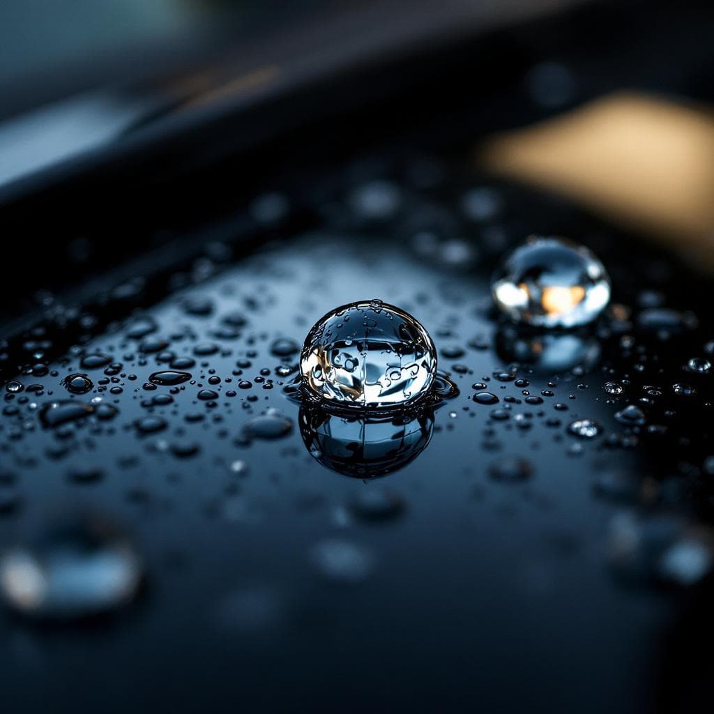 water beading macro on gloss black ceramic-coated hood