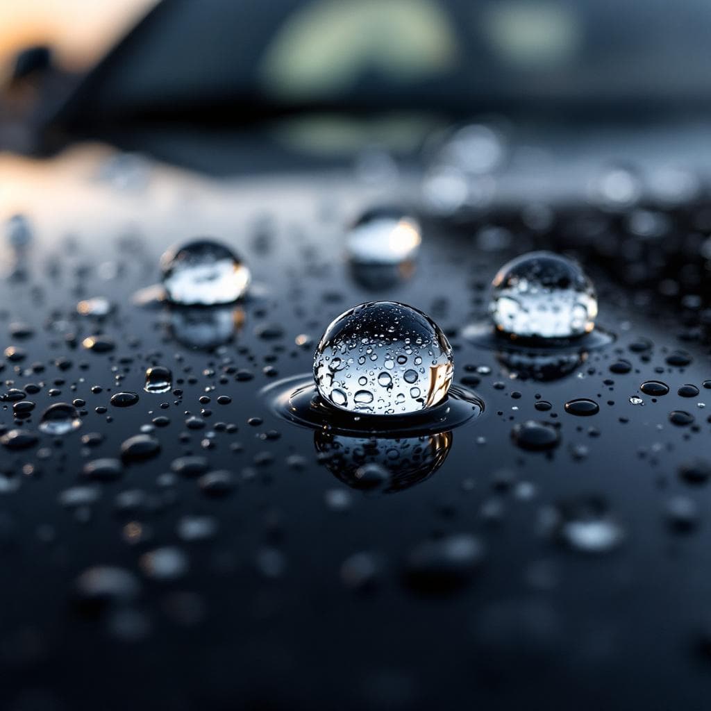 water beading macro on gloss black ceramic-coated hood