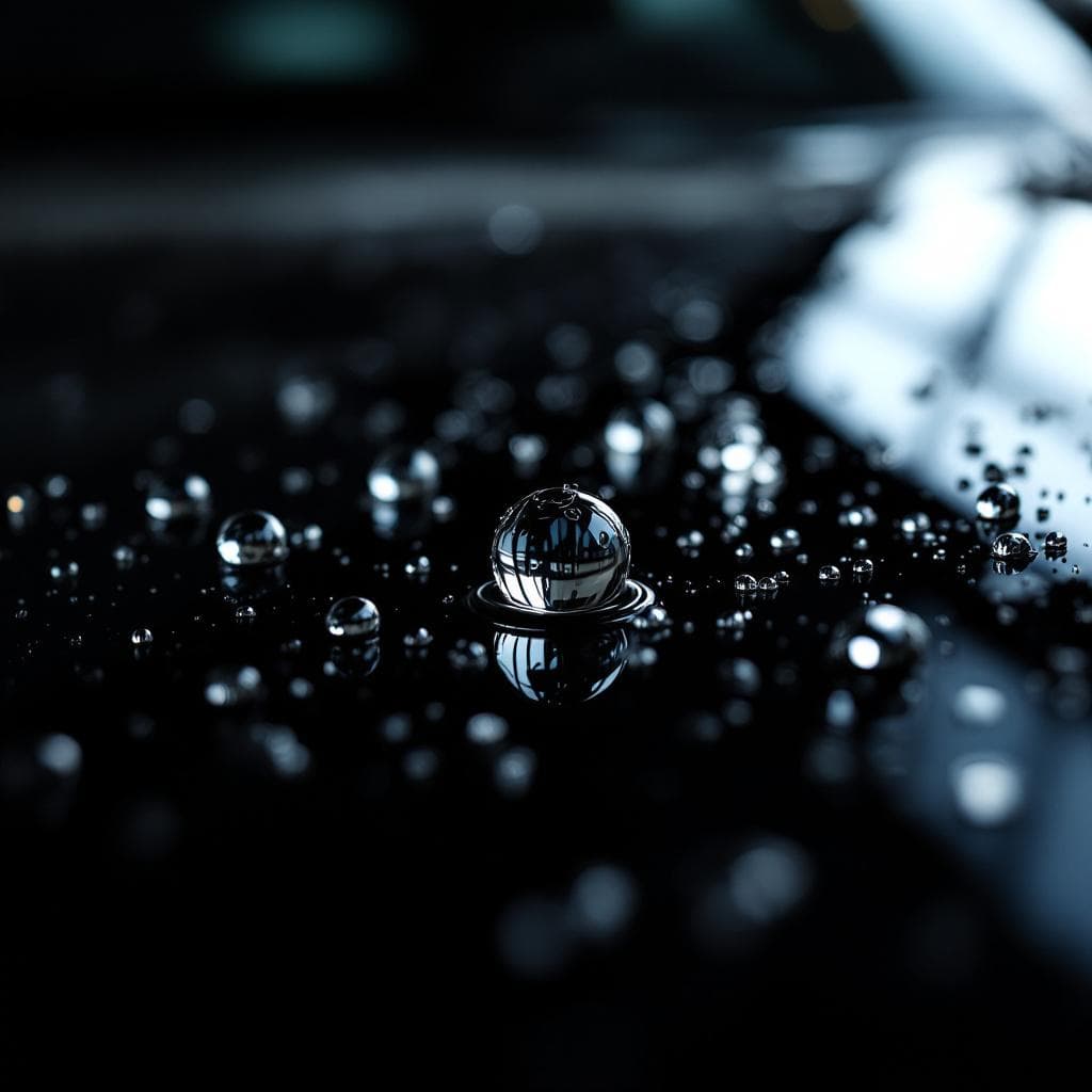 water beading macro on gloss black ceramic-coated hood
