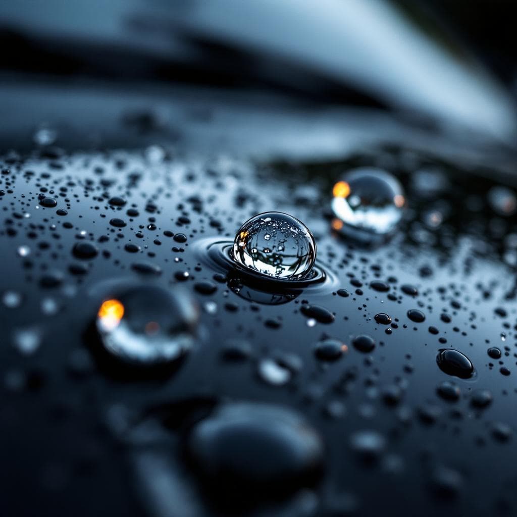 water beading macro on gloss black ceramic-coated hood