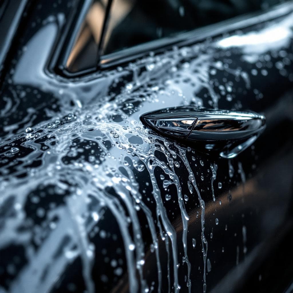 hydrophobic water sheeting off dark graphite quarter panel