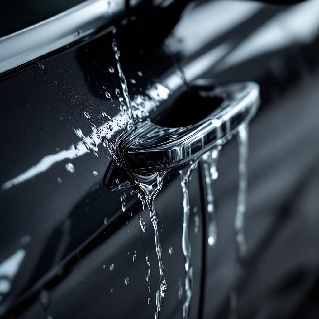 hydrophobic water sheeting off dark graphite quarter panel
