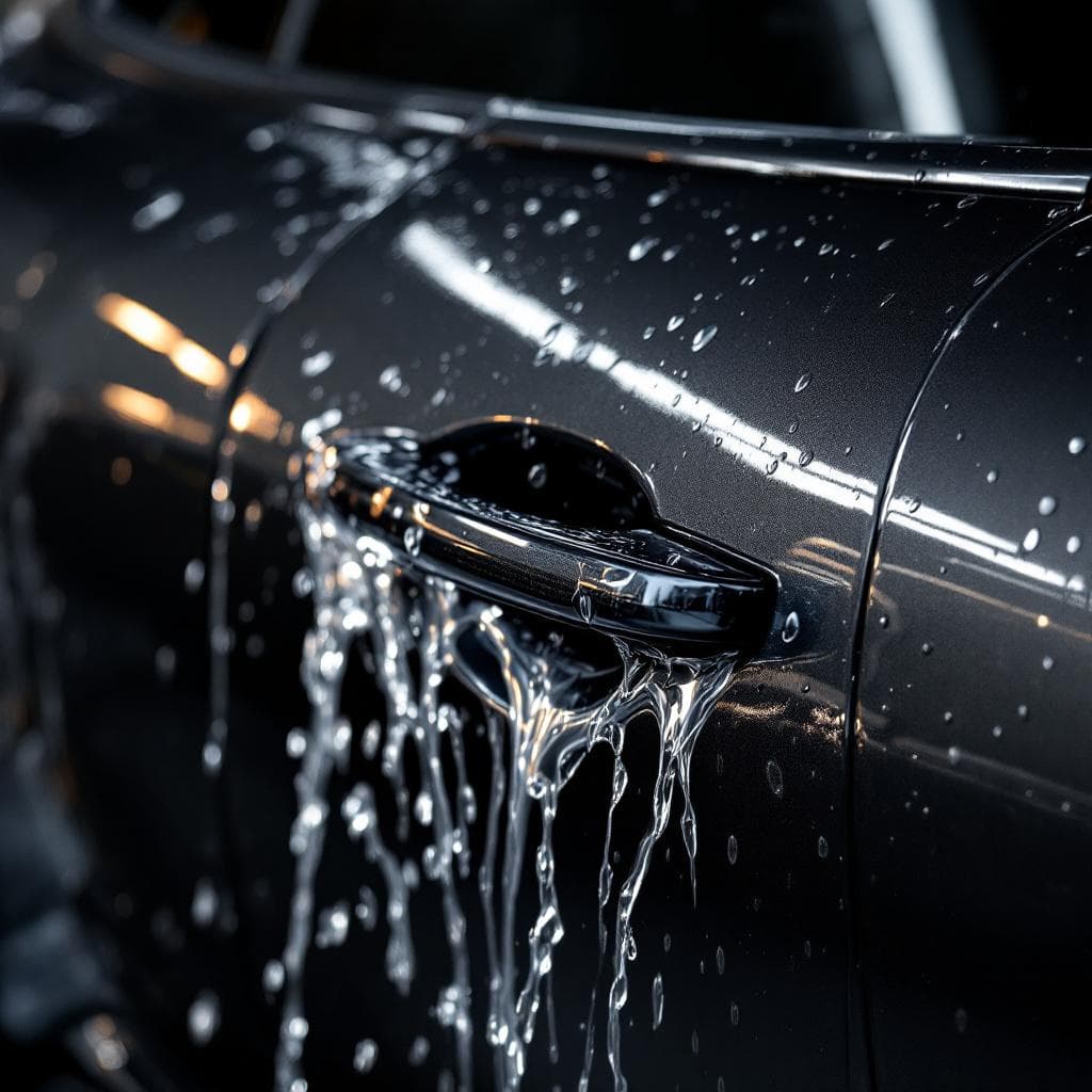 hydrophobic water sheeting off dark graphite quarter panel