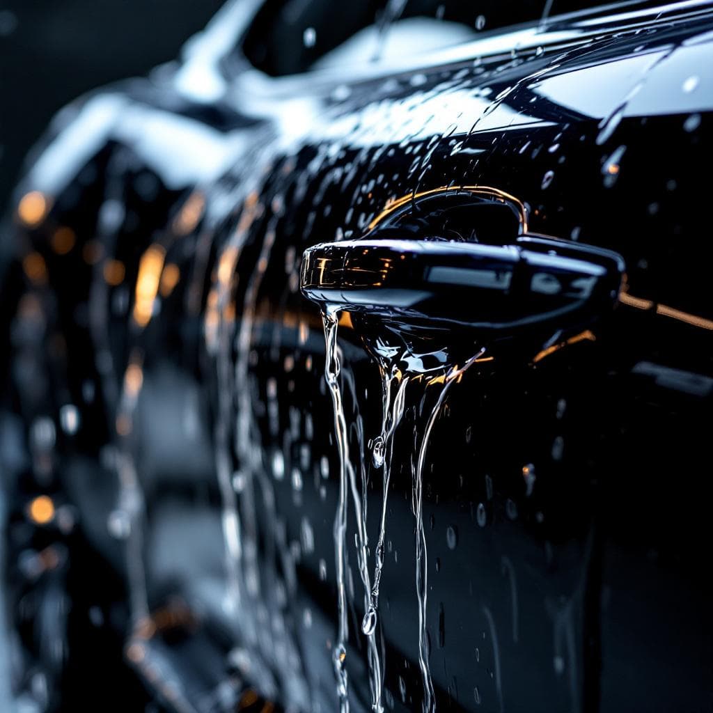 hydrophobic water sheeting off dark graphite quarter panel