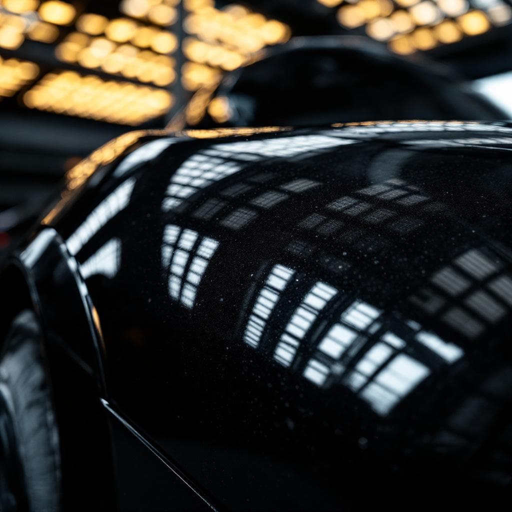 detail-booth LED grid reflected in gloss black fender