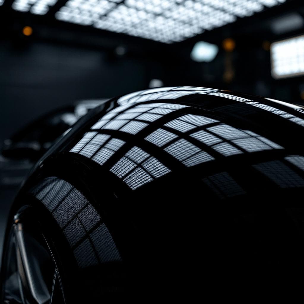 detail-booth LED grid reflected in gloss black fender