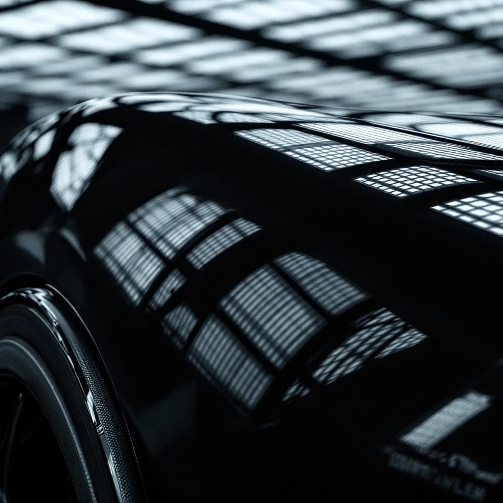 detail-booth LED grid reflected in gloss black fender