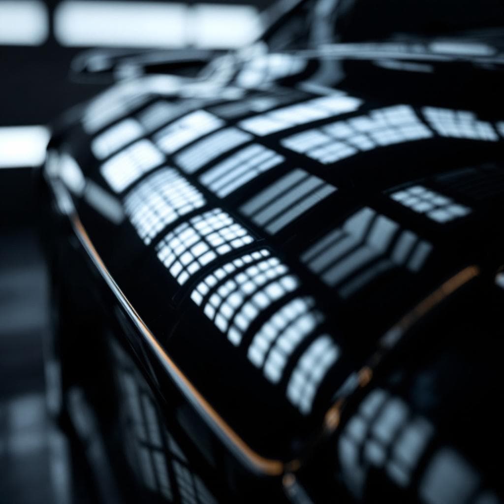 detail-booth LED grid reflected in gloss black fender