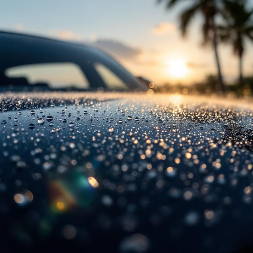 salt mist settling on ceramic-coated navy hood at dawn