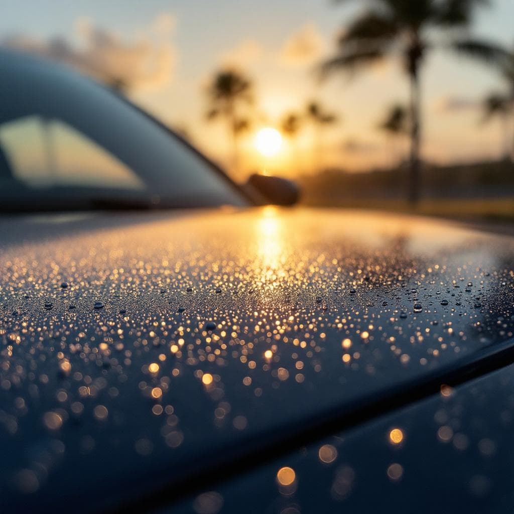 salt mist settling on ceramic-coated navy hood at dawn
