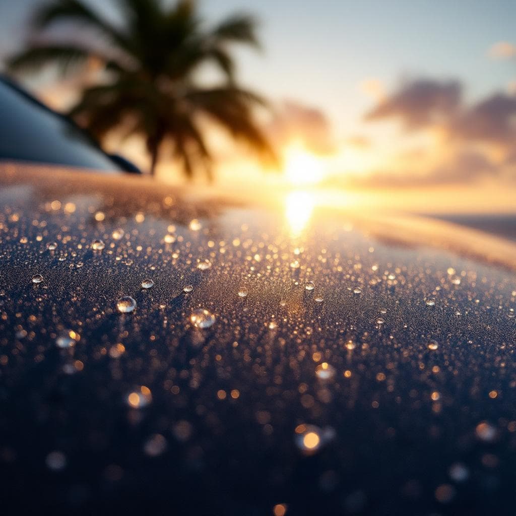 salt mist settling on ceramic-coated navy hood at dawn
