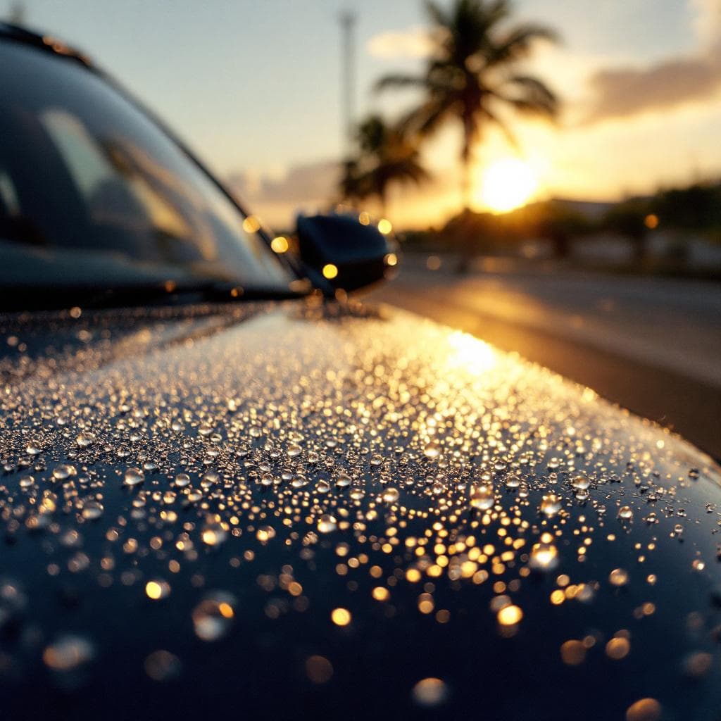 salt mist settling on ceramic-coated navy hood at dawn