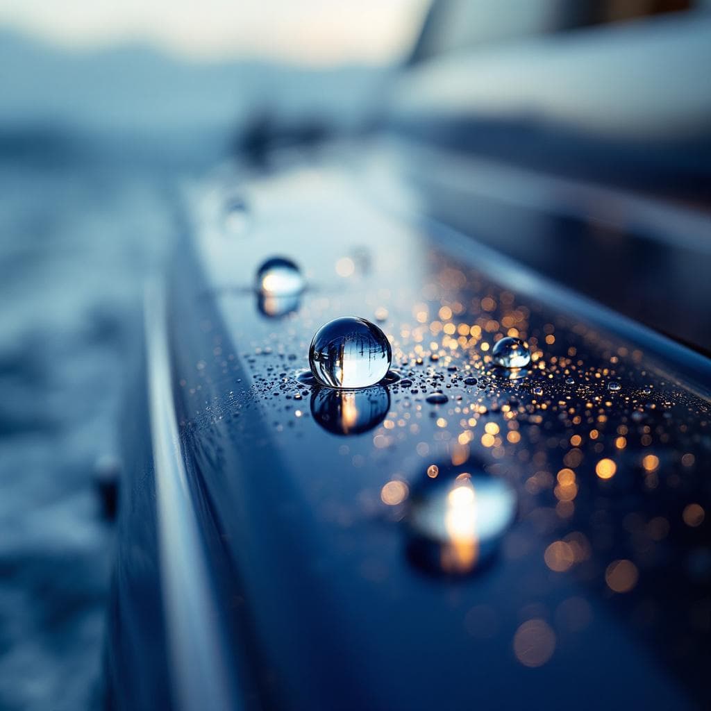 macro water beading on matte navy PPF