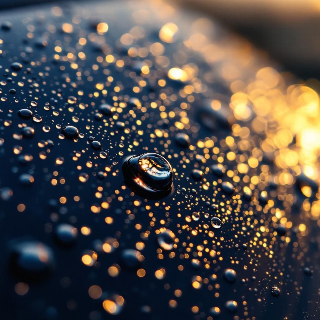 macro water beading on matte navy PPF